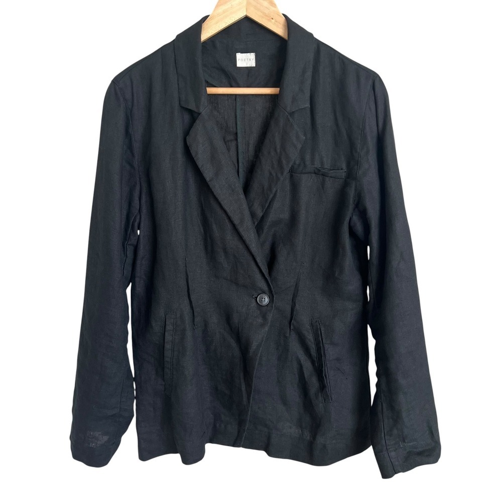 Poetry 100% Linen Black Single Button Blazer Jacket SZ 10 Office Career Work